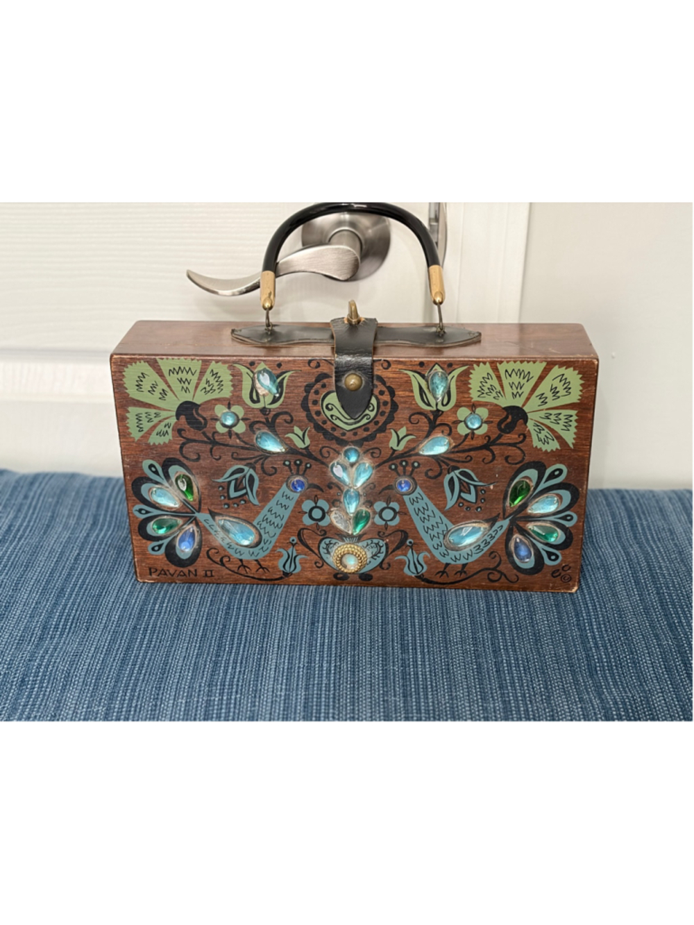 Enid Collins of Texas 1963Pavan II Wooden Box Bag Clutch, Brown, Green, & Blue